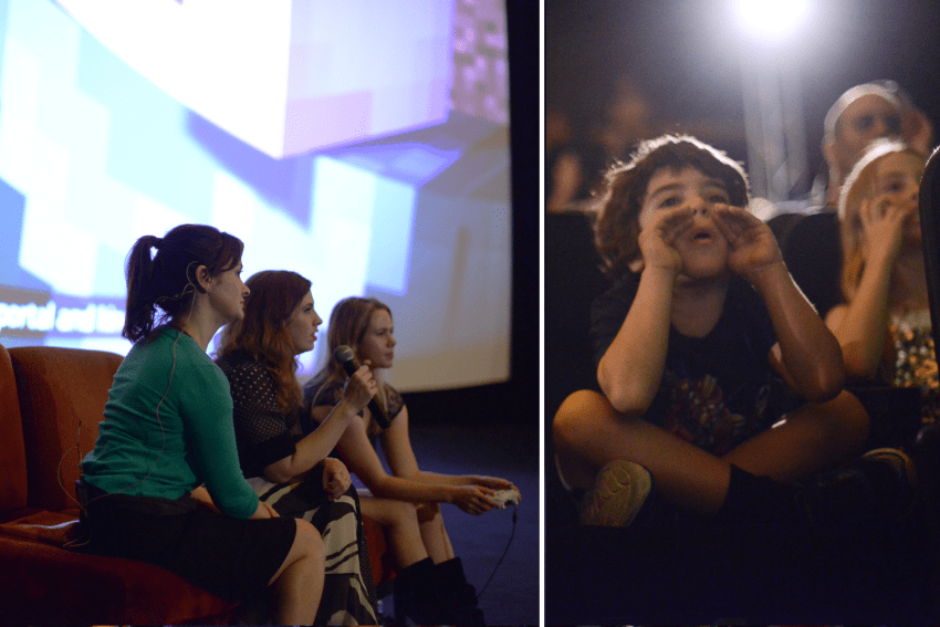 On the left: Catherine Taber (Voice of female Jesse), Lydia Winters (Mojang), and Laura Pelusco (Telltale) play through Story Mode. On the Right: A Minecraft fan shouts out directions to the players.