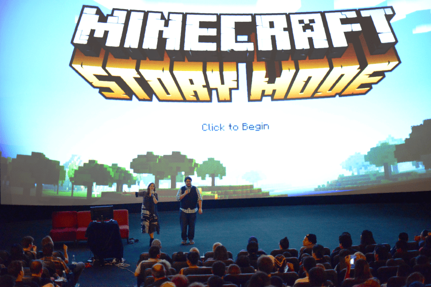 Job Stauffer and Lydia Winters introduce Minecraft: Story Mode to Minecraft fans at the Cinerama Dome.