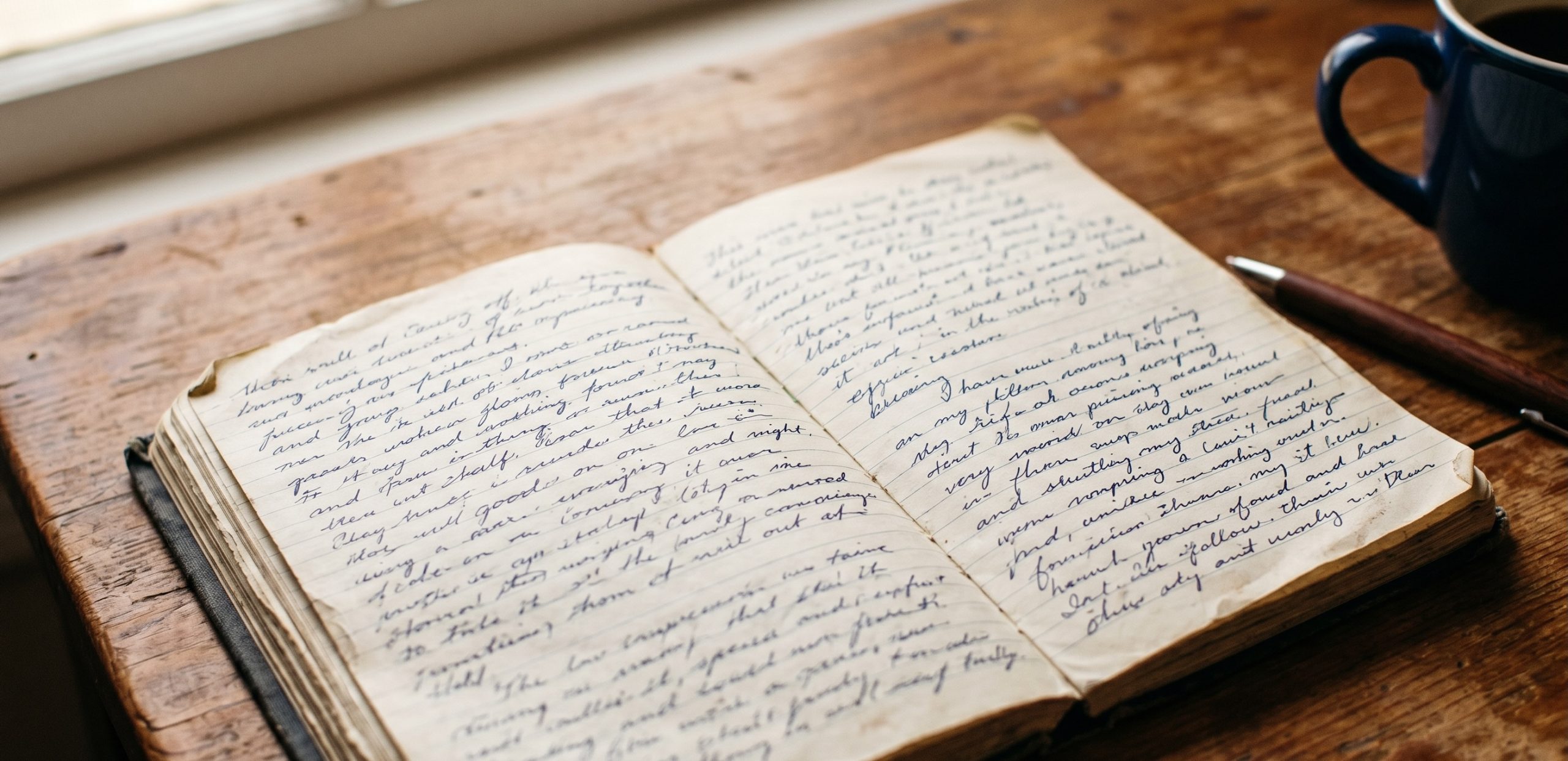 An open leather-bound journal filled with handwritten cursive script, a coffee mug just visible, warm morning light on dark wood.