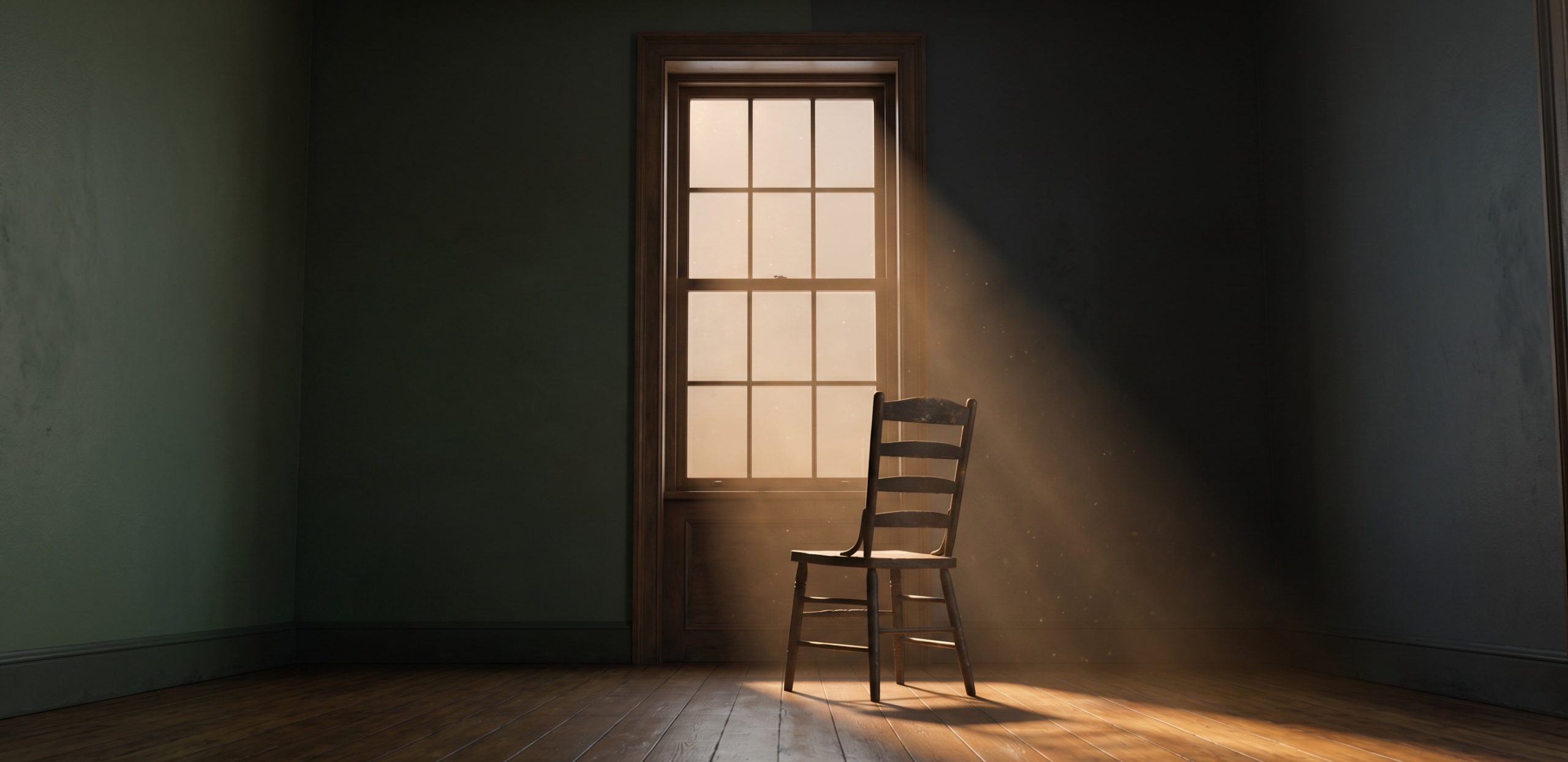 An empty room with a single wooden chair beside a tall window, golden sunlight streaming through.