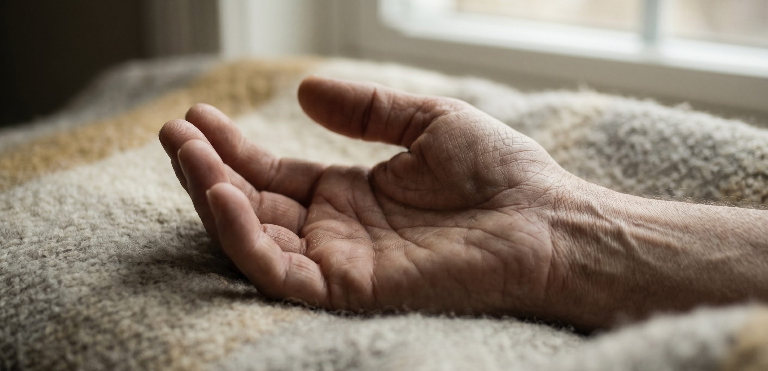 An open palm-up hand resting on soft fabric in warm window light, a small gesture of stillness and surrender.