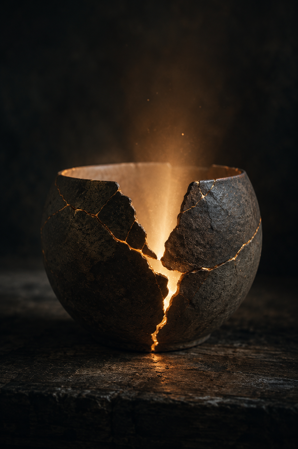 A dark vessel with deep cracks, warm golden light glowing from within, the kintsugi metaphor of a wound that becomes a place where light enters.