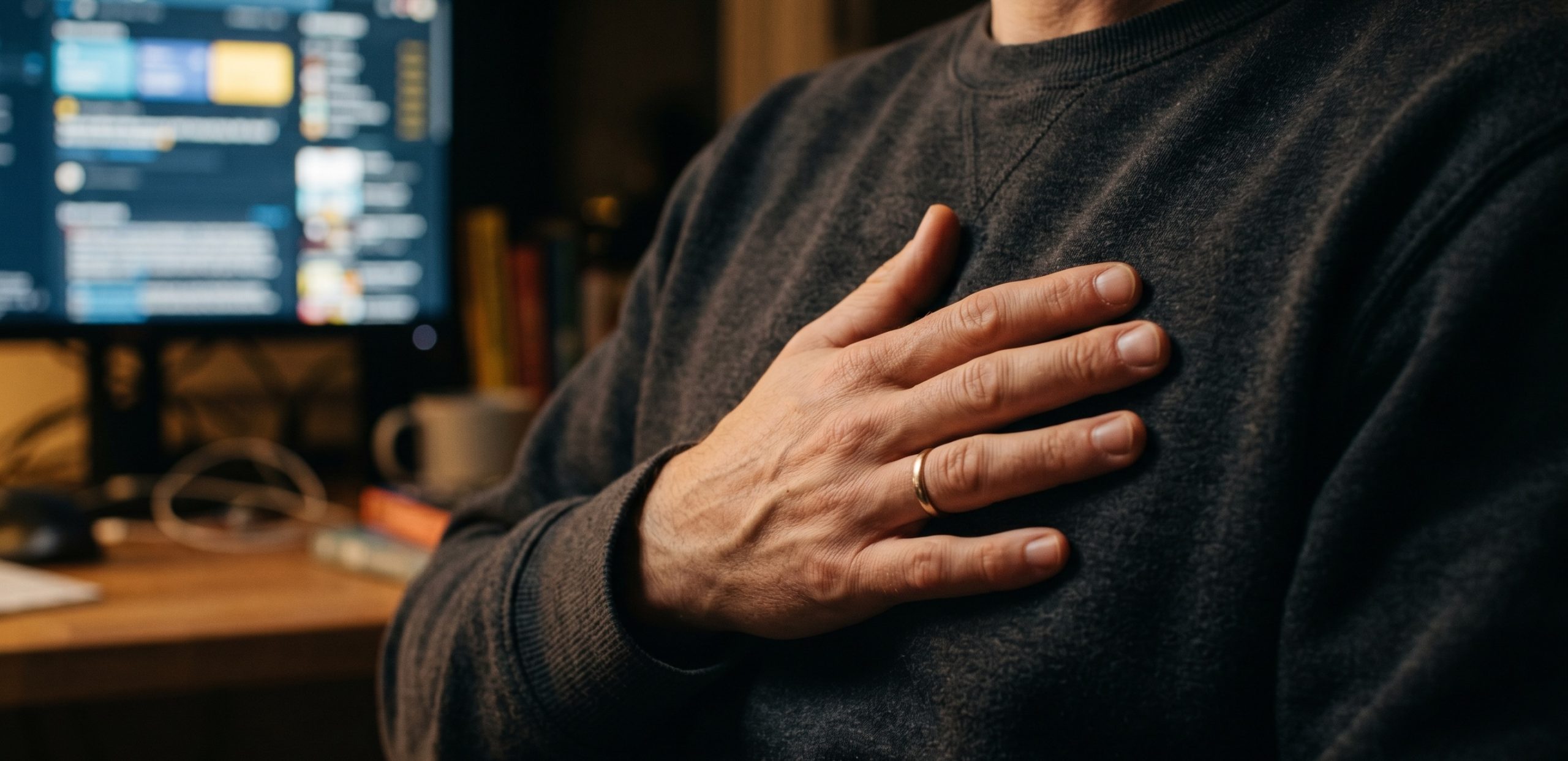 A hand resting on the chest, a small gesture of self-compassion, a glimpse of a screen with a social feed in the background.