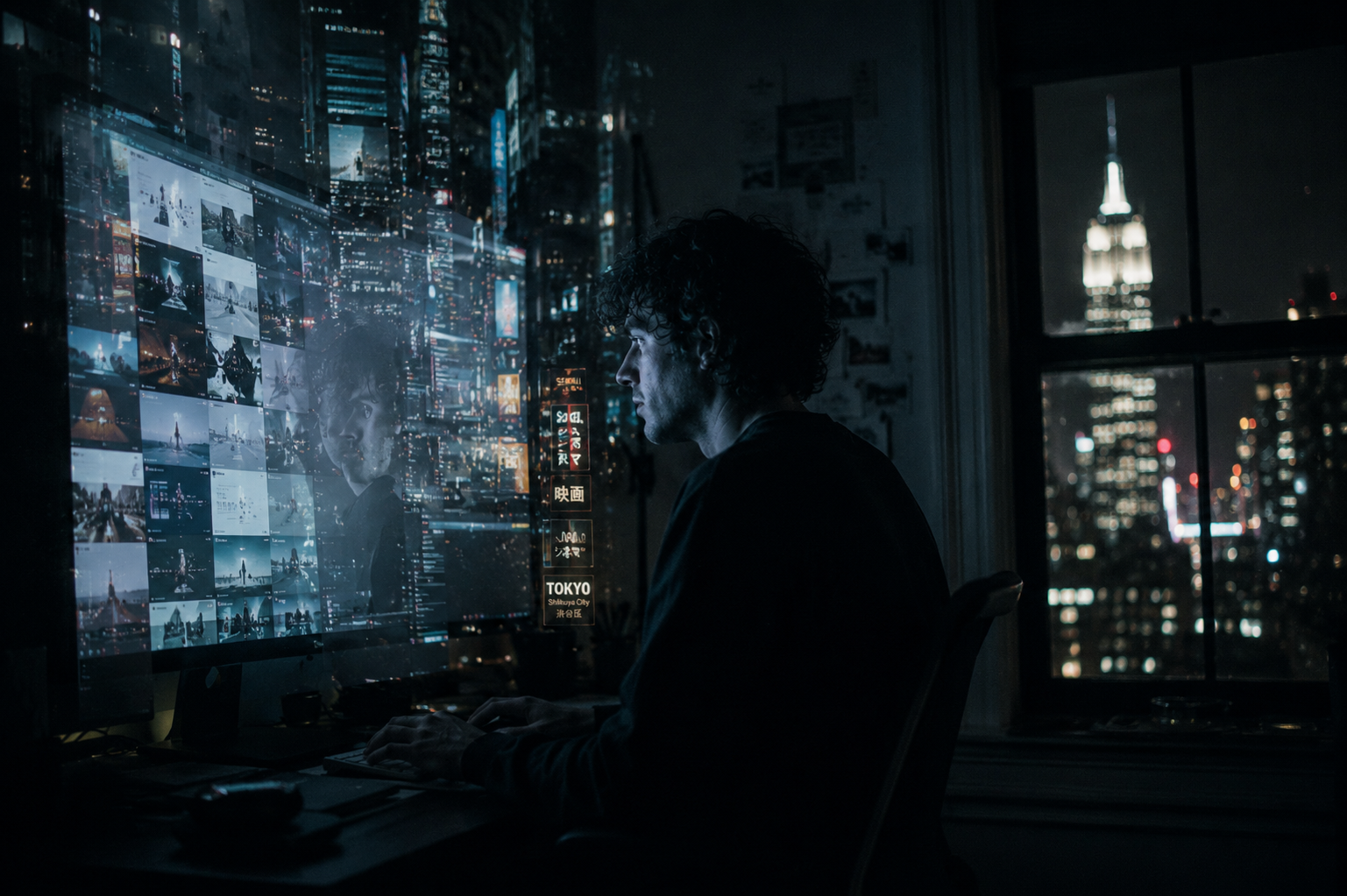 A creator at their desk at night, illuminated by overlapping global feeds and city signage, the Empire State Building visible through the window.