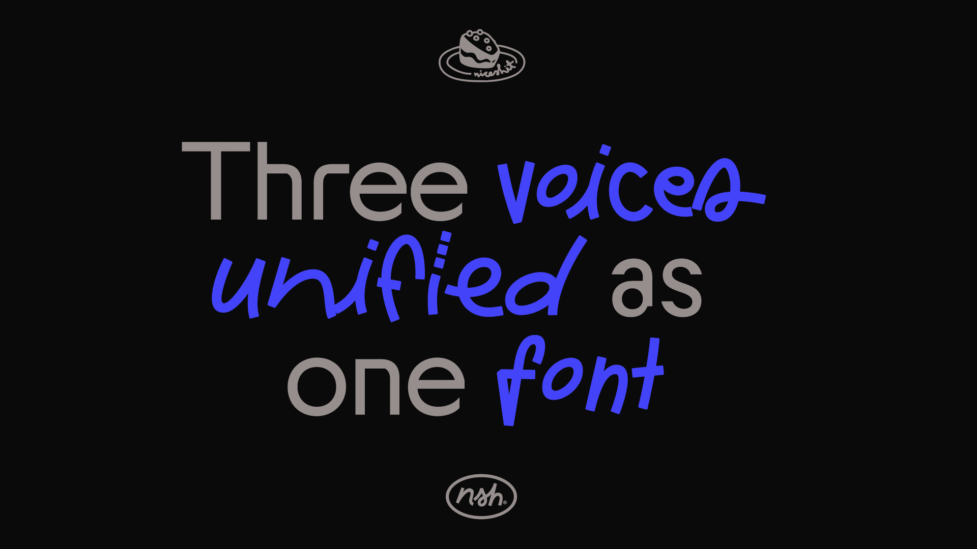 Type specimen reading Three voices unified as one font.