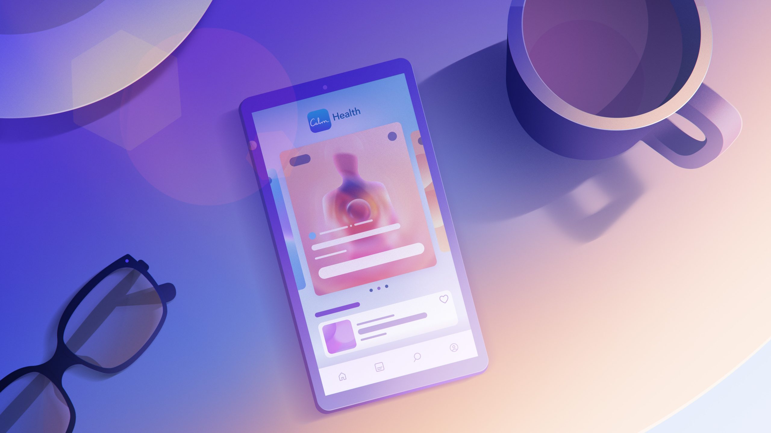 A phone displaying the Calm Health app resting on a desk beside a cup and glasses.