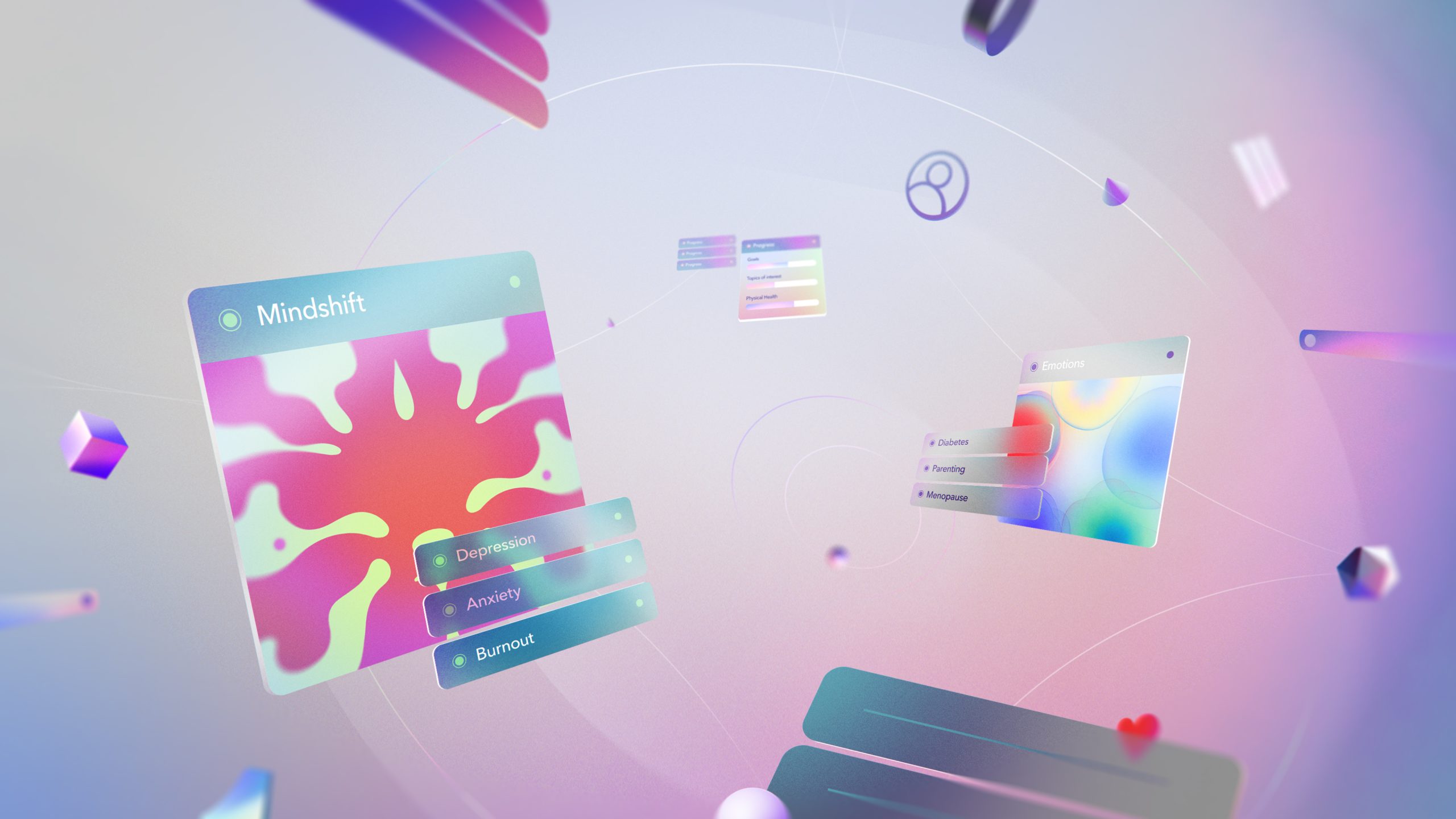 Floating user-interface cards from the Calm Health app, including Mindshift and Emotions panels.