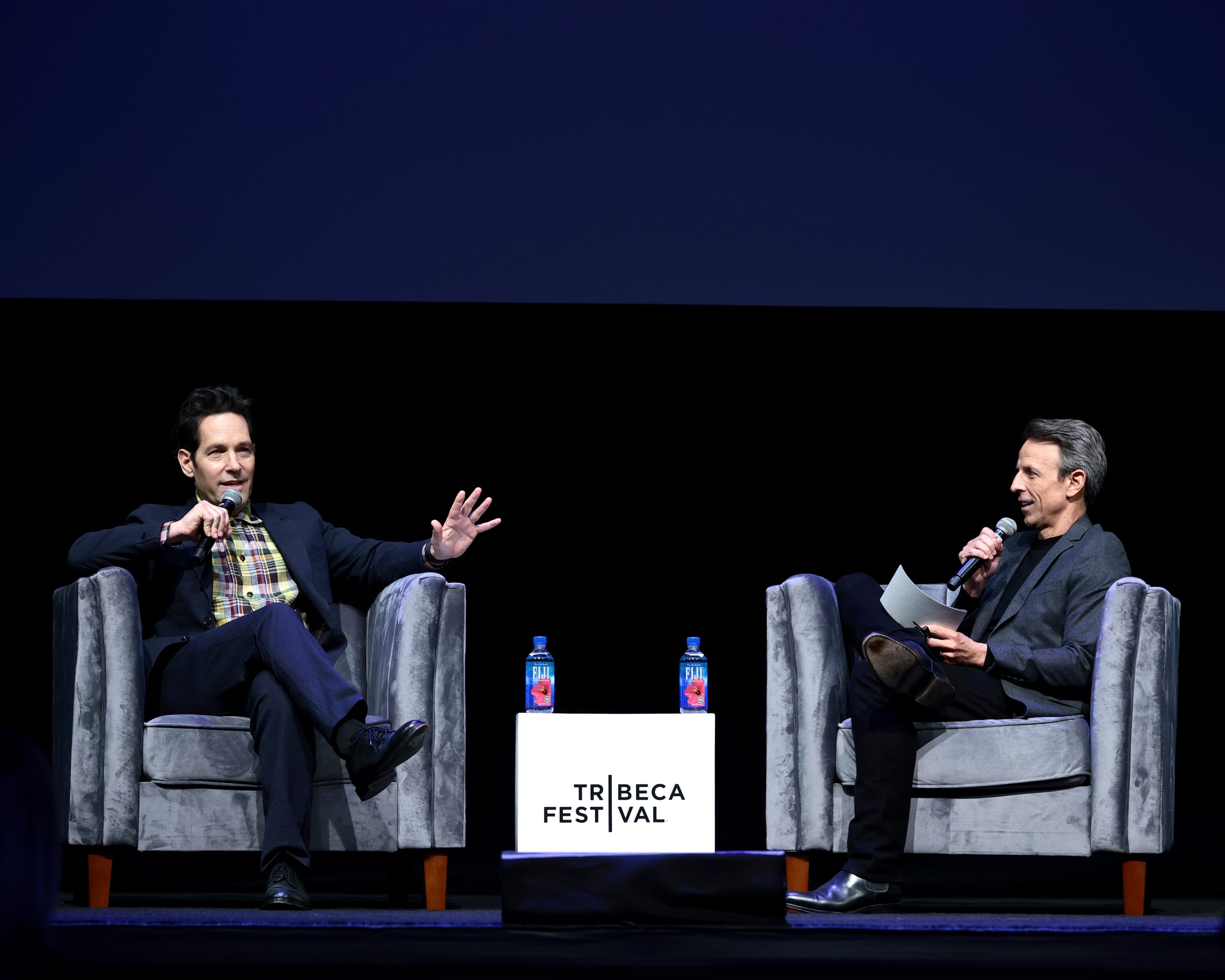 Paul Rudd and Seth Meyers speak onstage at Storytellers during the 2026 Tribeca Festival