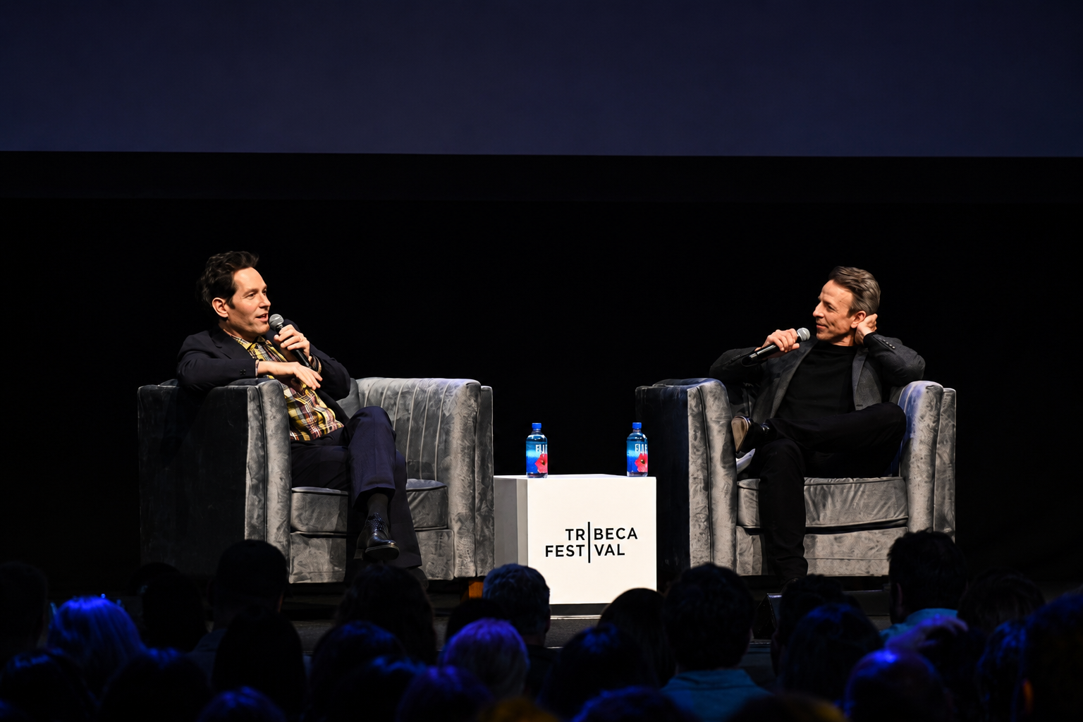 Paul Rudd and Seth Meyers in conversation on stage during the 2026 Tribeca Festival