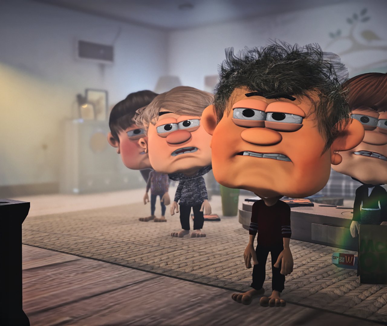 Four square-headed children stand in a row in a living room, the foremost boy with dark hair and a tired expression