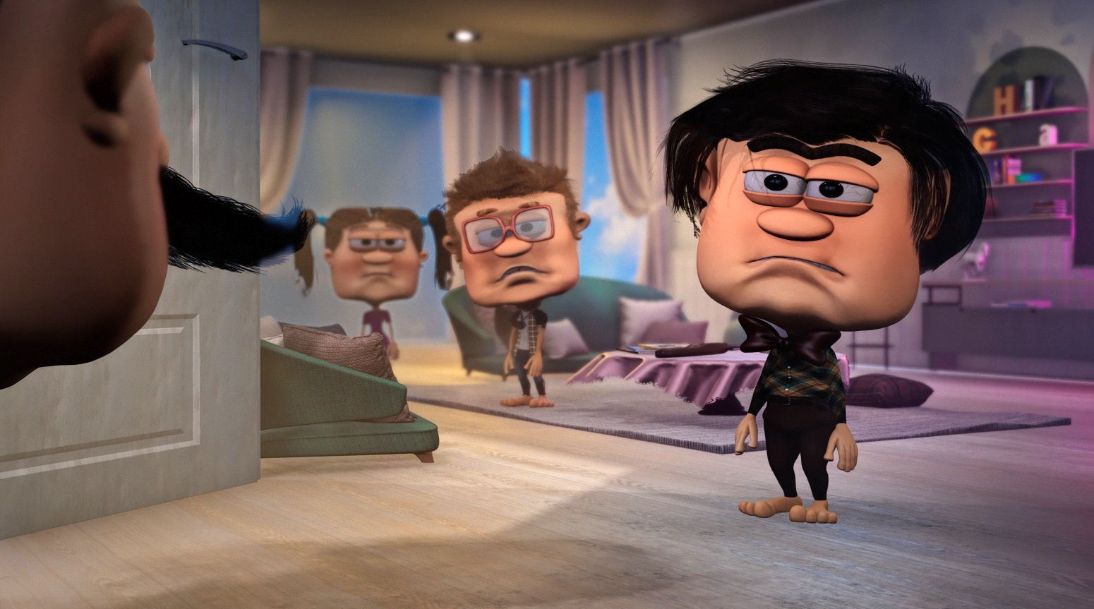 Three square-headed children stand in a bedroom looking caught and uneasy, the silhouette of the mustached father looming in the foreground