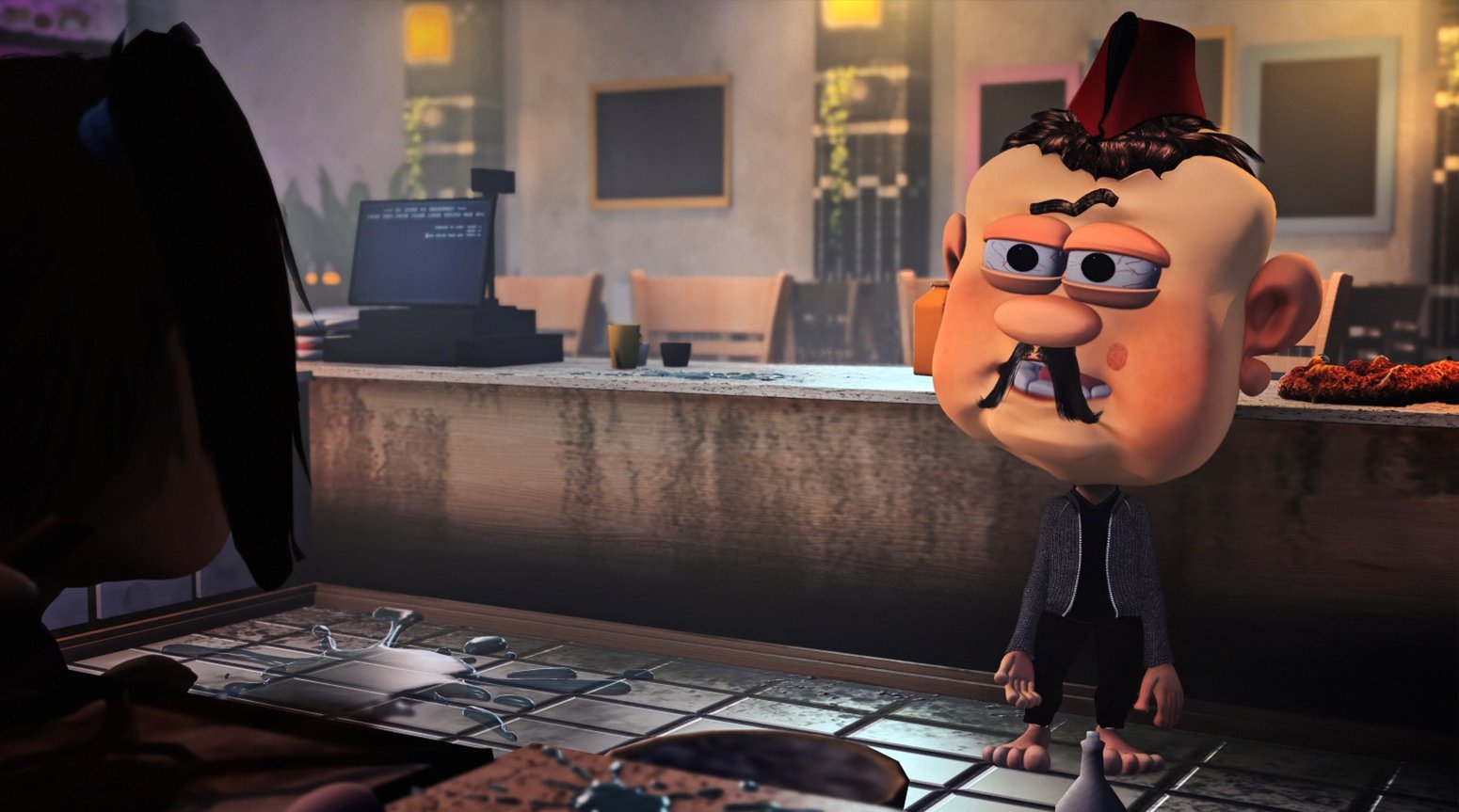A mustached square-headed character in a fez stands in a cafe or shop, facing a child seen out of focus in the foreground
