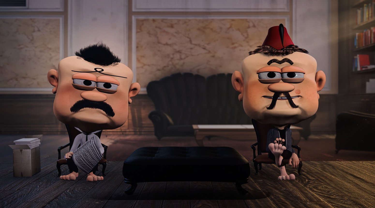 Two mustached square-headed characters sit facing each other in a study, one holding a sheaf of papers, a cardboard box on the floor beside him