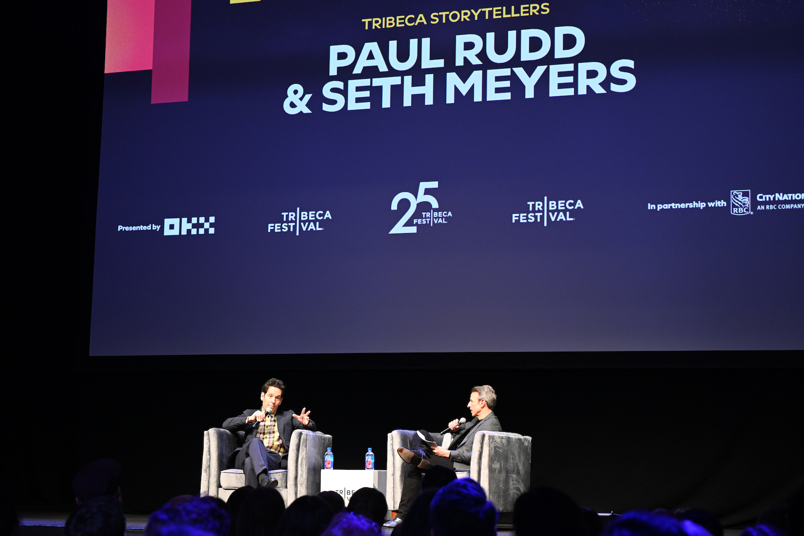 Paul Rudd and Seth Meyers on stage at Tribeca Storytellers during the 2026 Tribeca Festival
