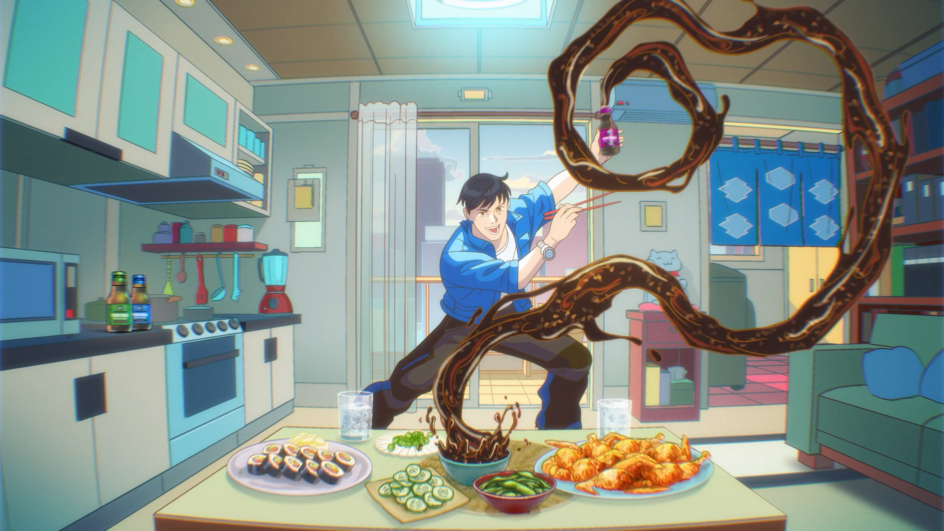 Anime-styled frame from Hornet and Clubcamping's Kikkoman teriyaki campaign.