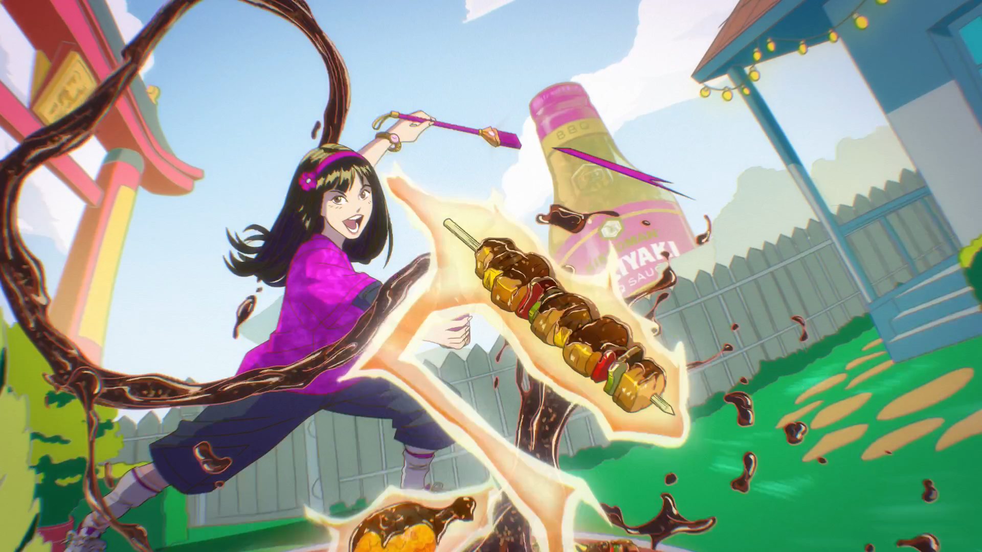 Anime-styled frame from Hornet and Clubcamping's Kikkoman teriyaki campaign.
