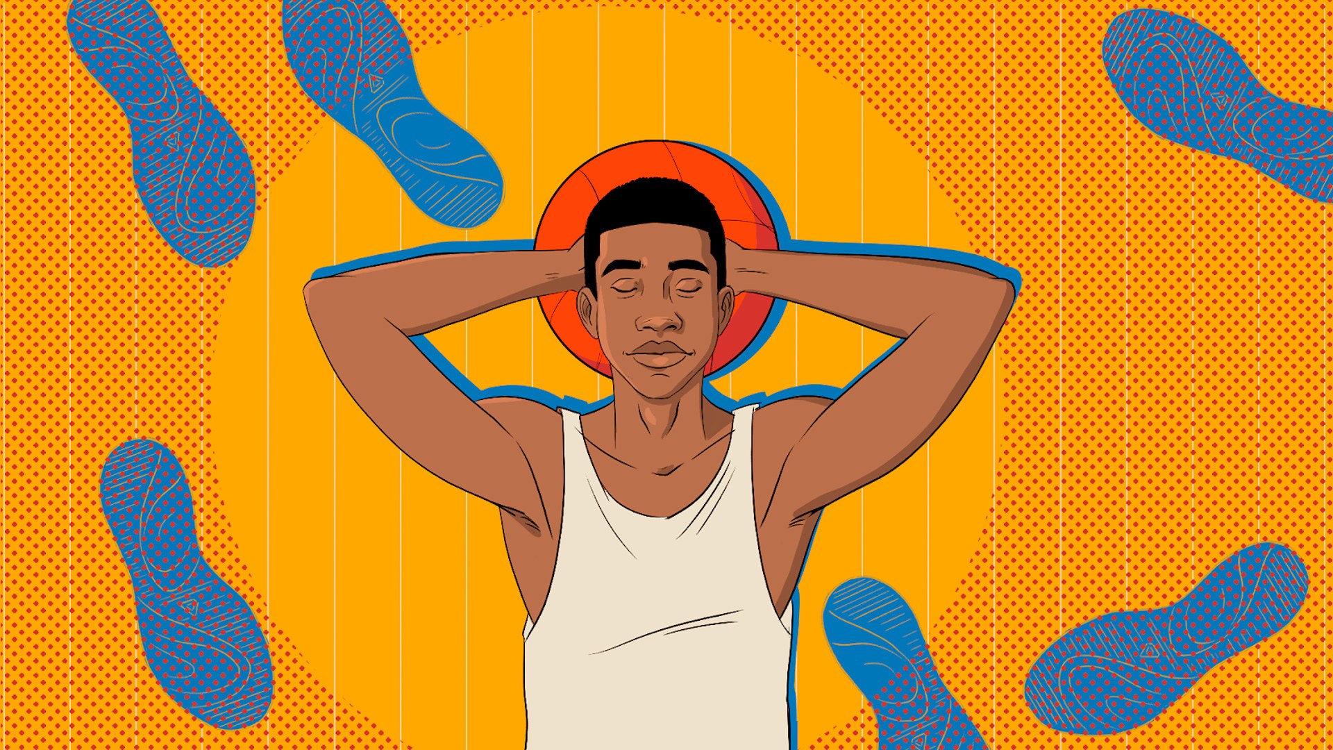 Illustrated frame from JBL Sonic Stories showing an athlete against an orange background