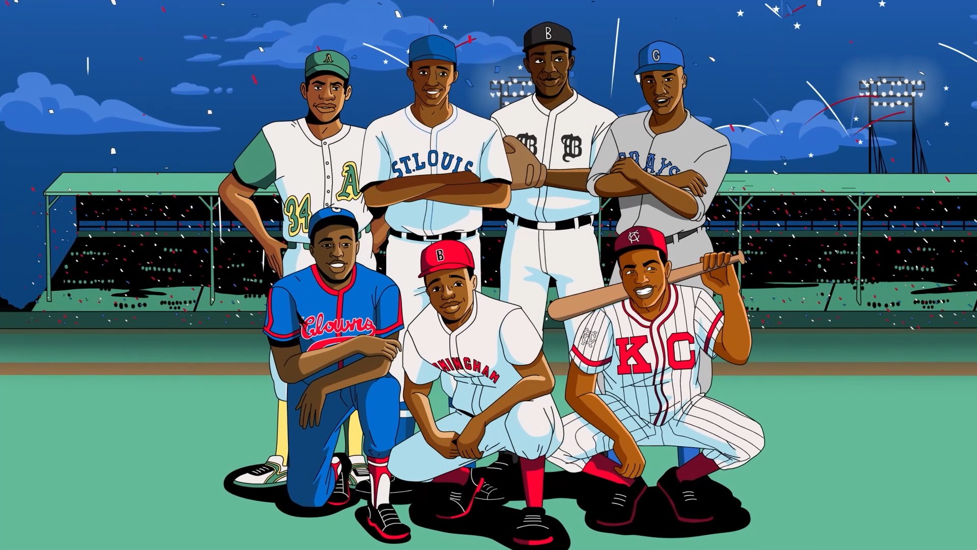 Illustrated Negro Leagues players standing together at Rickwood Field at night