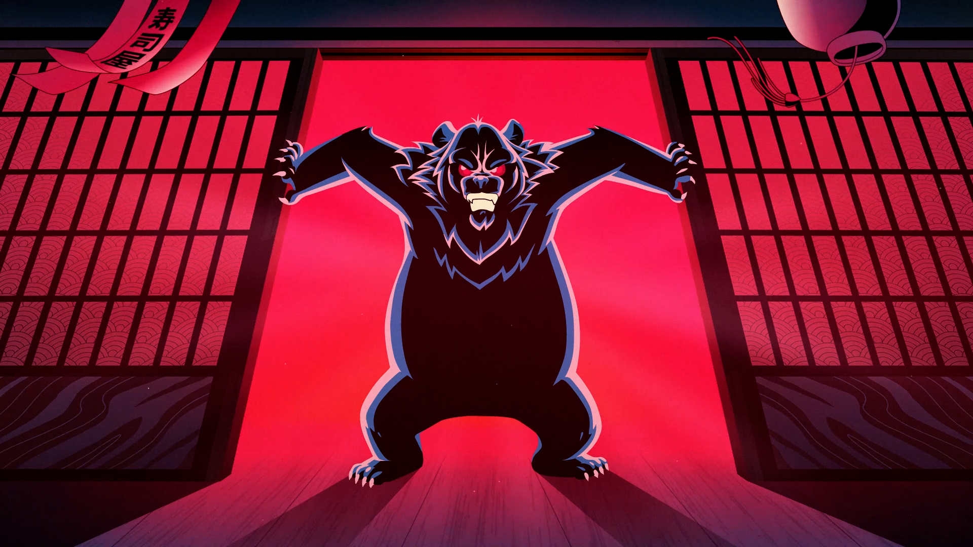 Still from Sushi Crush showing a large black bear roaring on a red stage