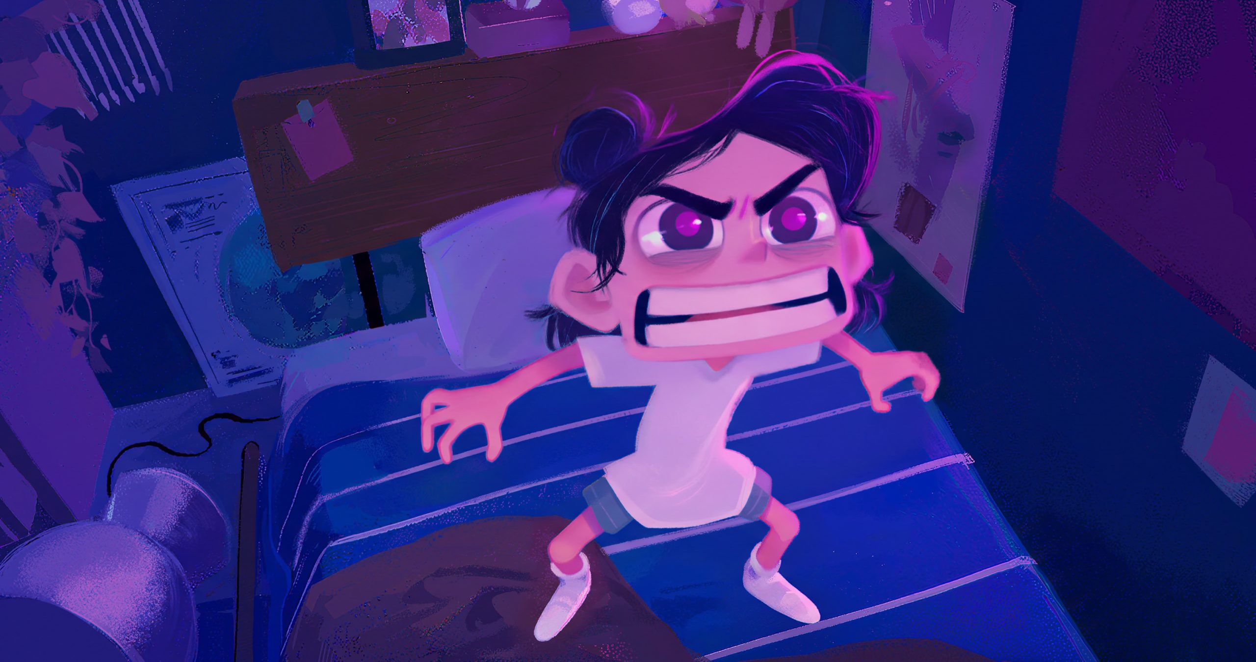 Ada standing on her bed, furious, in Dear Upstairs Neighbors