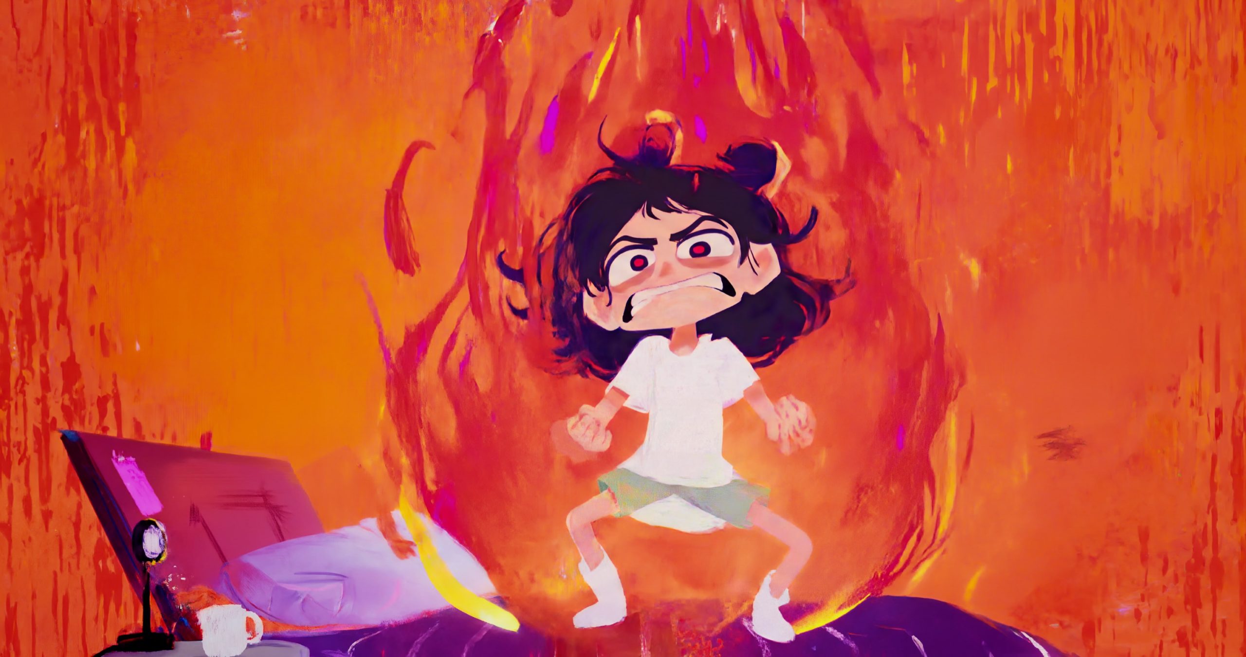 Ada surrounded by fire in one of her hallucinations in Dear Upstairs Neighbors