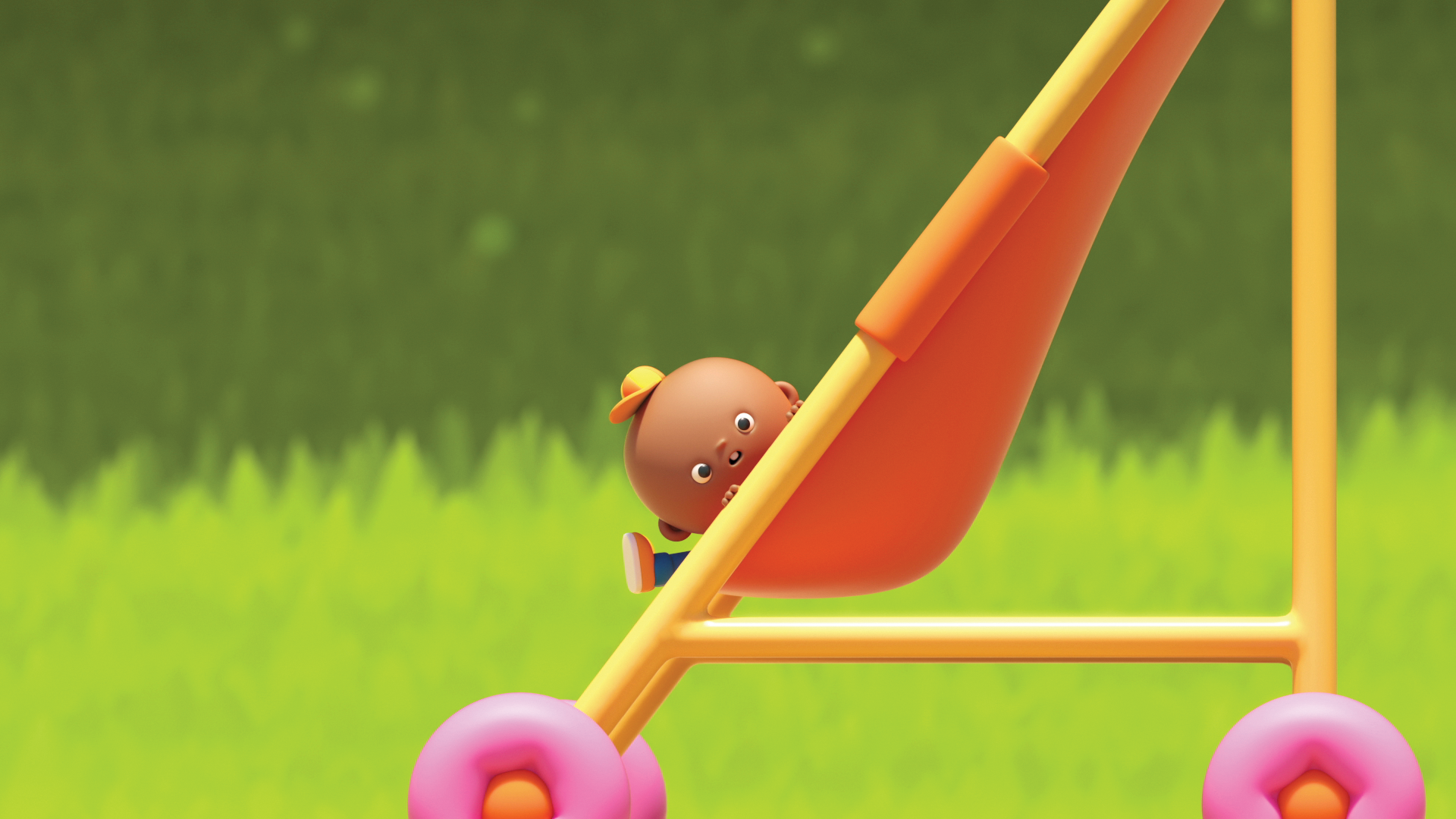 A baby peers around the side of an orange stroller in DUCKS