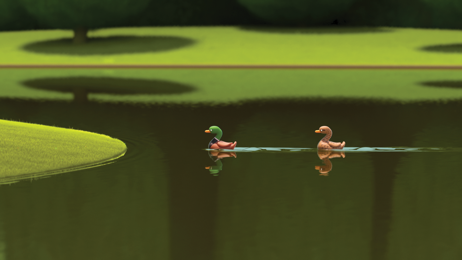 Two ducks swim across a quiet green lake in DUCKS