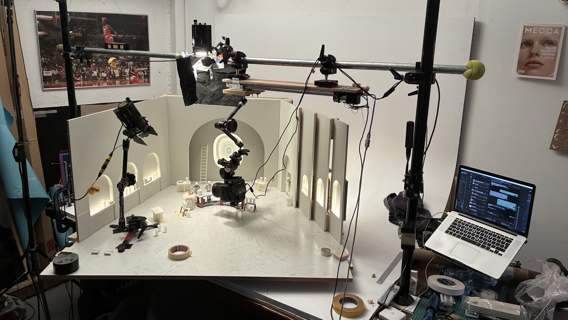 Behind the scenes: cameras and lights surround the miniature Diptyque workshop