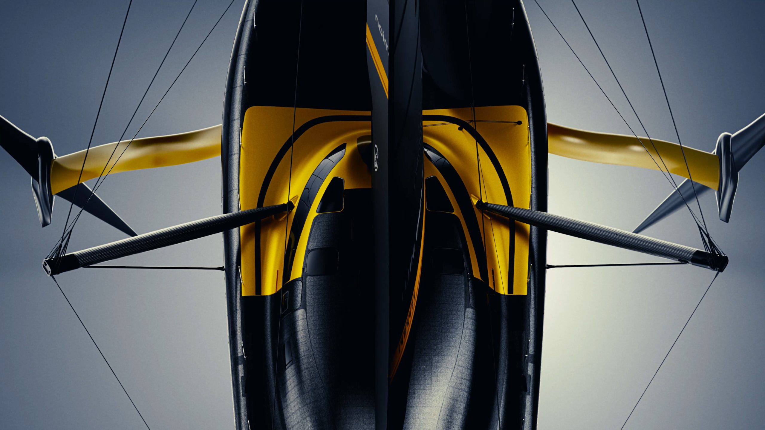 Overhead view of Ferrari Hypersail’s yellow-and-black hull and foil structures