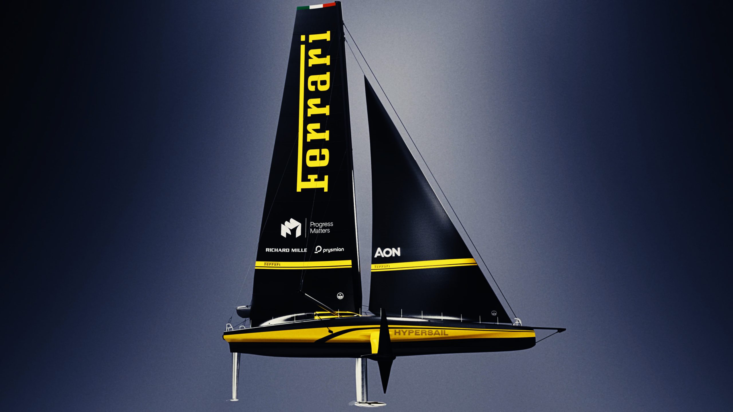 Side view of Ferrari Hypersail with black sails and yellow livery