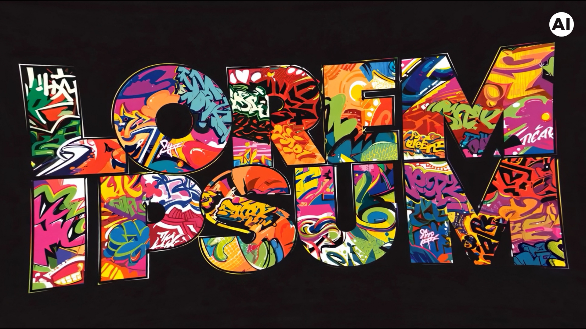 Large Lorem Ipsum lettering filled with multicolored graffiti-style patterns on black