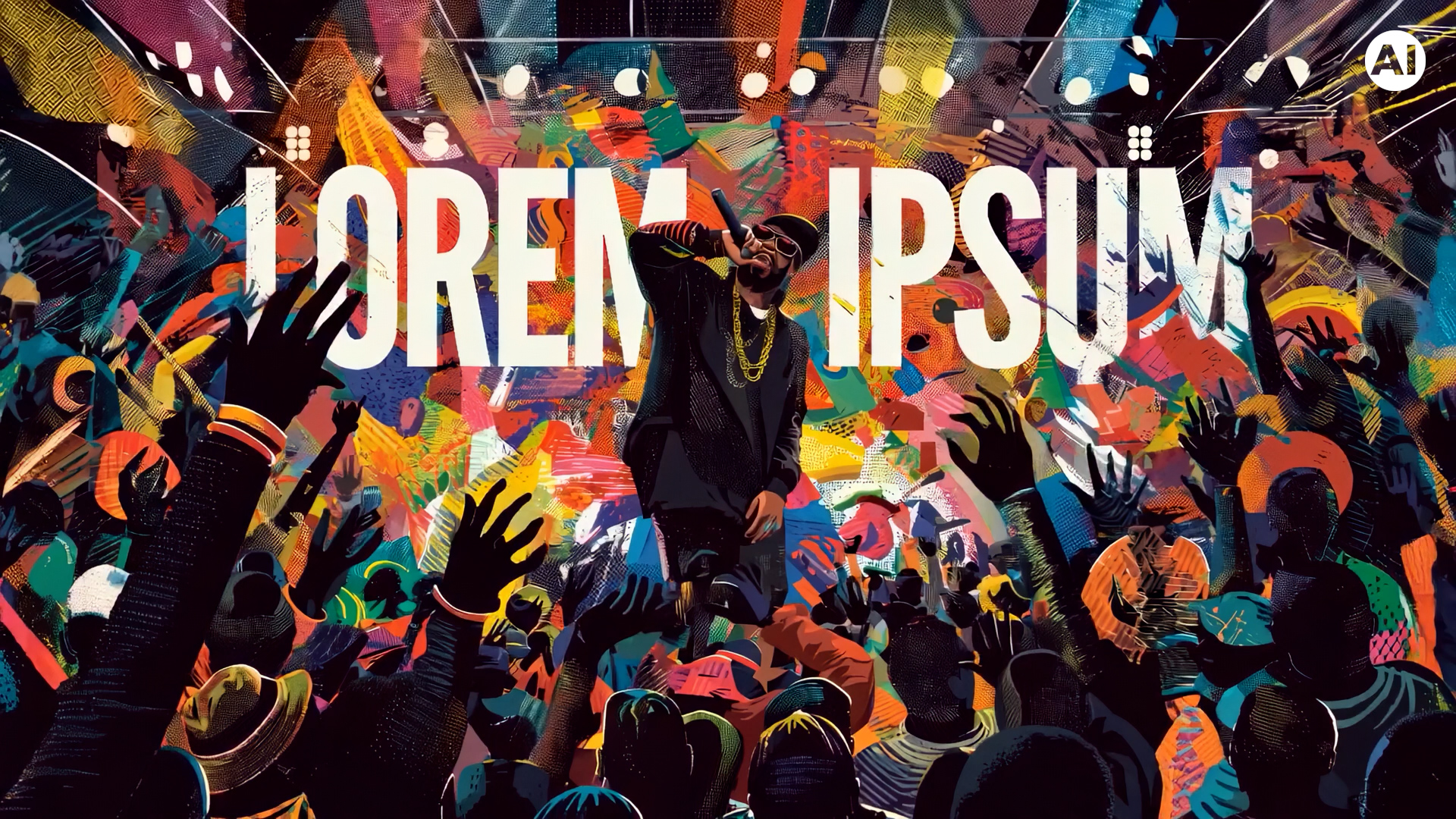 Illustrated rapper performing before a crowd and a colorful Lorem Ipsum stage backdrop