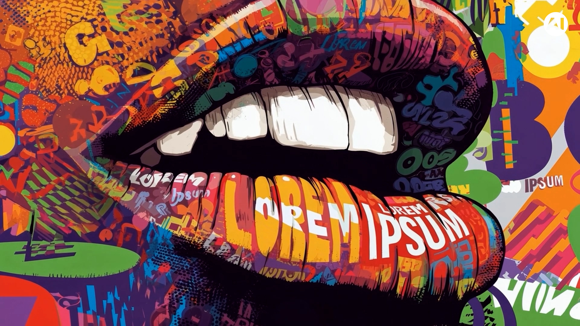 Close-up of illustrated lips covered in colorful Lorem Ipsum typography