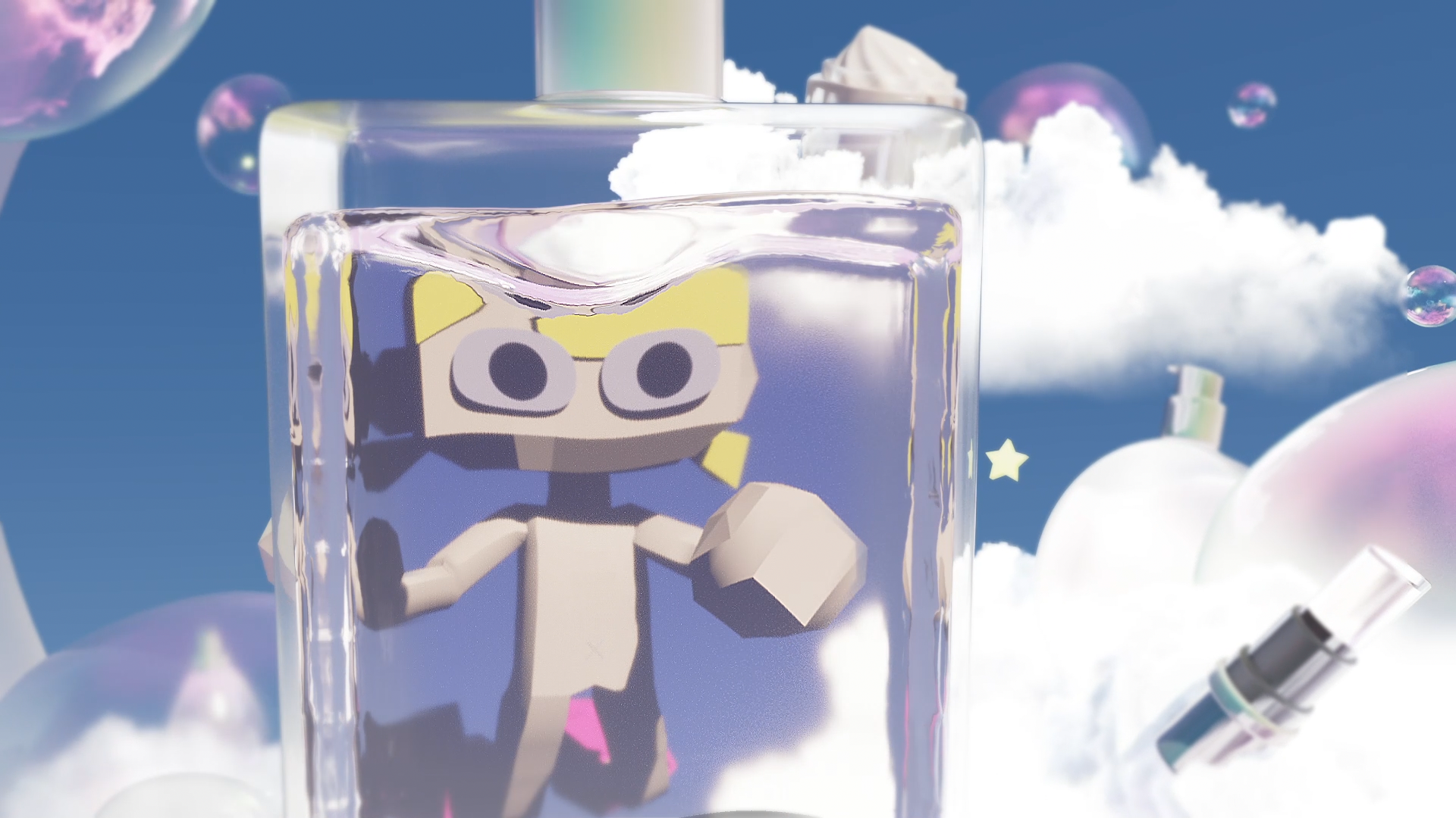 A three-dimensional character is enclosed in a glass perfume bottle in OROBORO