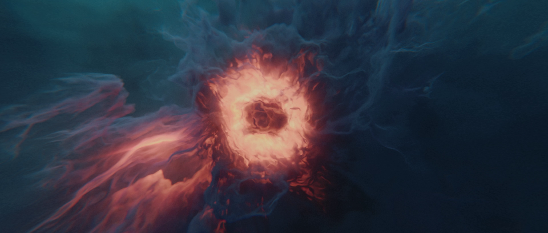 A glowing orange cosmic form surrounded by blue clouds in The Continuous Thread