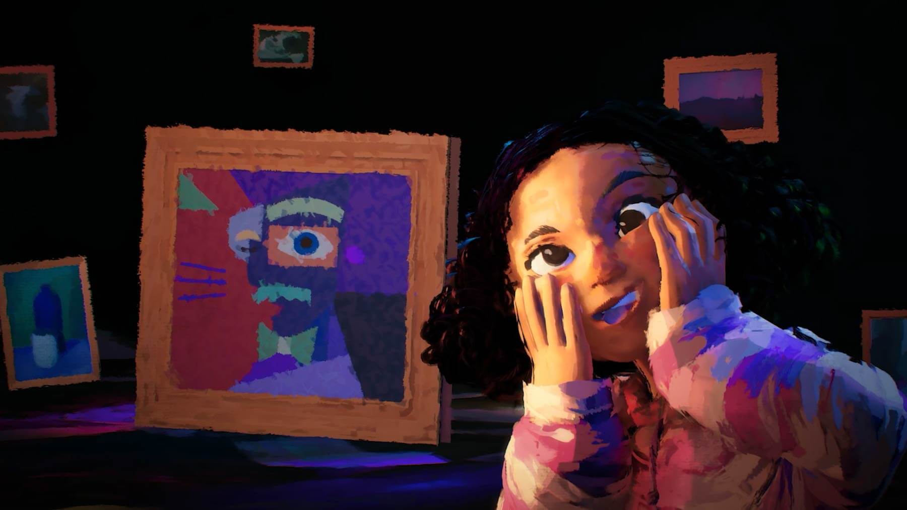 Lola studies a colourful portrait in What Is Dyslexia?