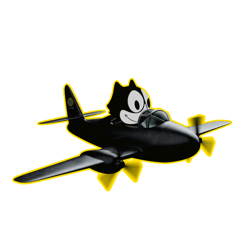 Felix the Cat pilots a plane outlined in yellow