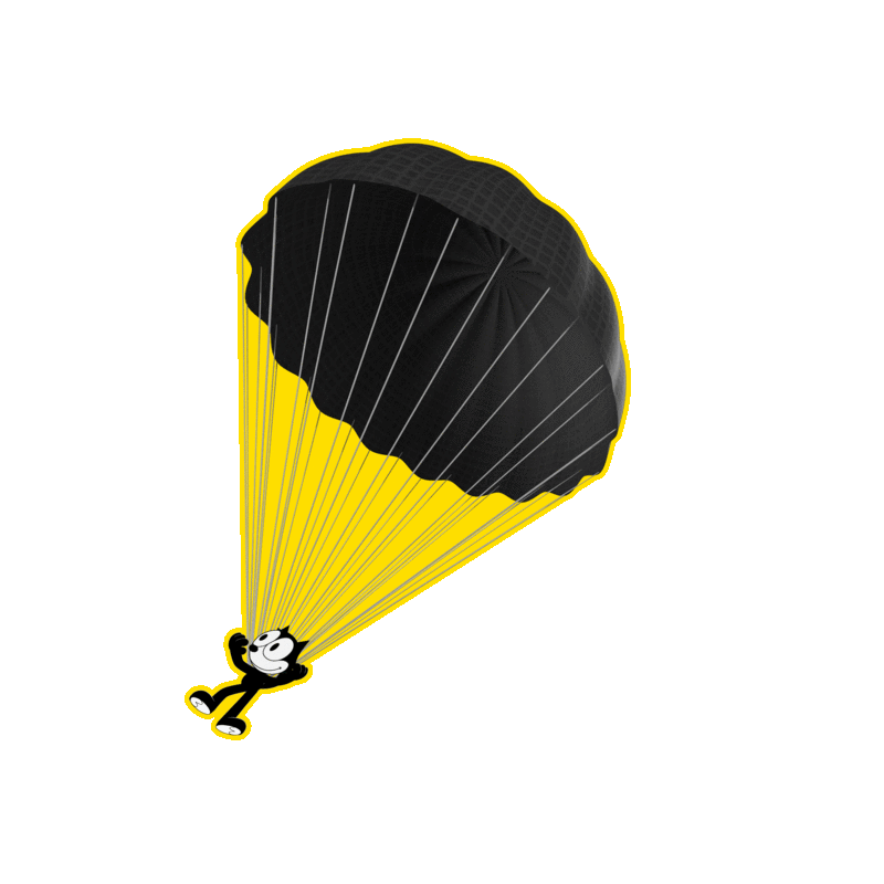 Felix the Cat descends beneath a black and yellow parachute
